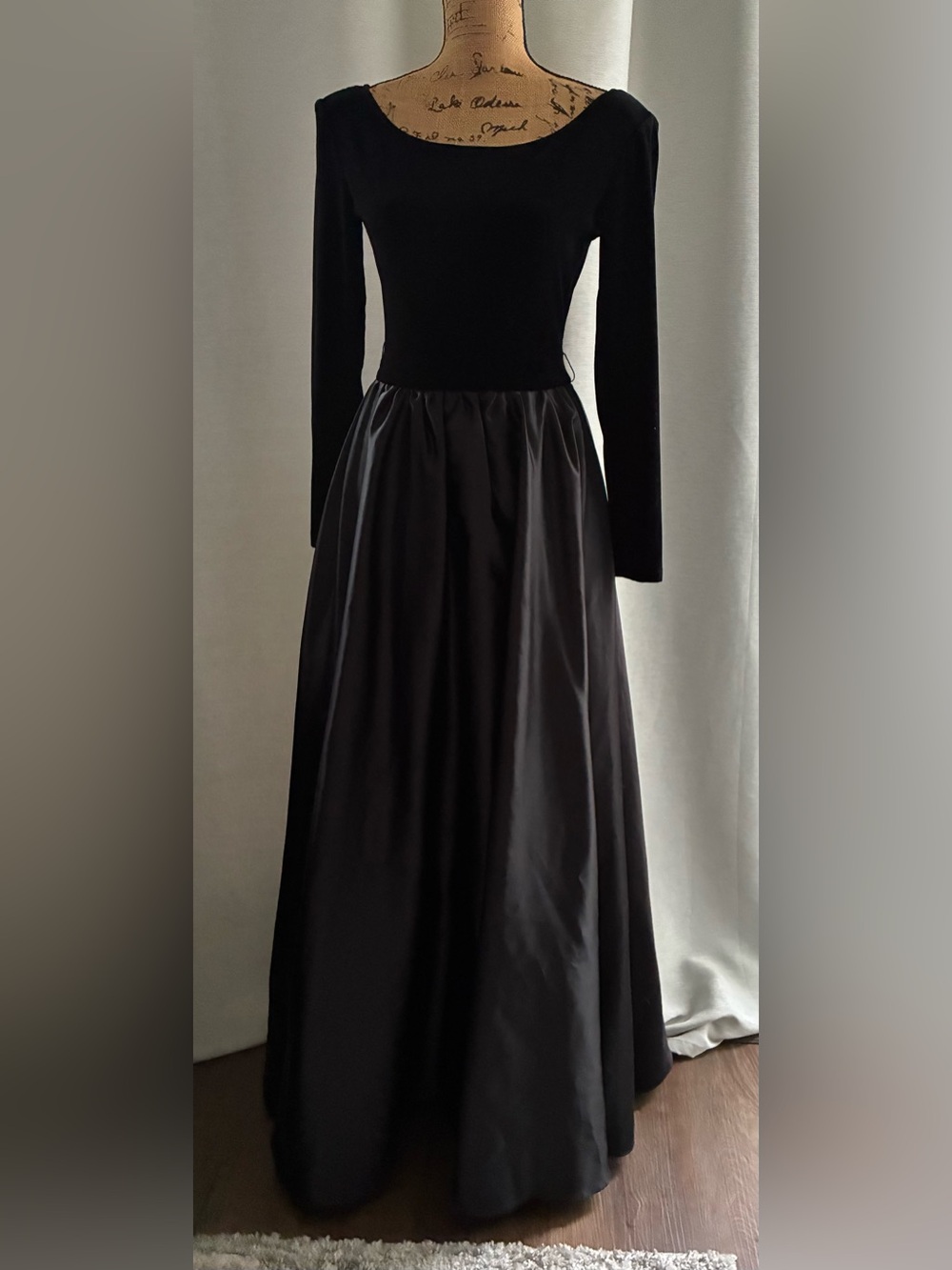 Dave & Johnny Black Velvet Bodice Black Satin Maxi Skirt Gown